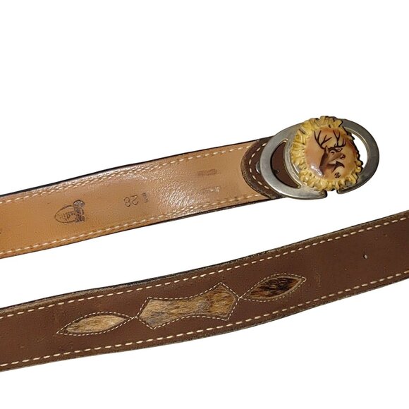 Vintage Justin Belt Western Leather Brown Deer Antler Buckle Size 28 Fur Inlay - Picture 7 of 11